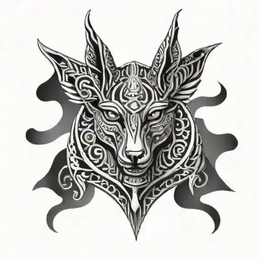 A psychedelic Anubis surrounded by swirling patterns inspired by psytrance music tattoo design idea