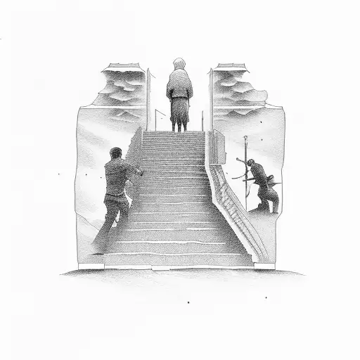 staircase to heaven with a man and woman with old man in between with banner above saying "RAMOS" tattoo design idea