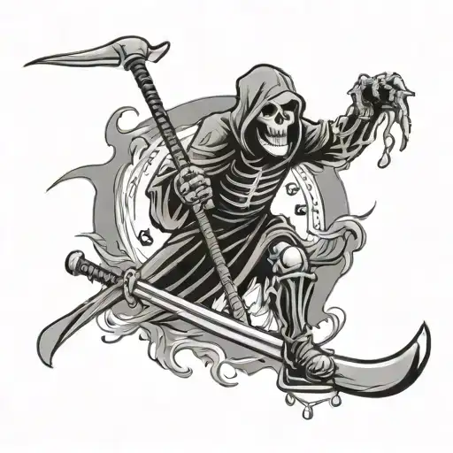 tall grim reaper wearing hockey helmet with tooth missing and holding a hockey stick and a melting clock in the other tattoo design idea