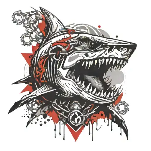 A devilish shark with a skull and chains drinks vodka tattoo design idea