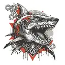 A devilish shark with a skull and chains drinks vodka tattoo design idea