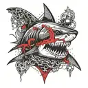 A devilish shark with a skull and chains drinks vodka tattoo design idea