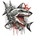 A devilish shark with a skull and chains drinks vodka tattoo design idea