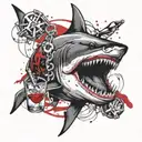 A devilish shark with a skull and chains drinks vodka tattoo design idea