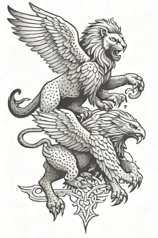 A lion and eagle intertwined in a fierce battle scene tattoo design idea