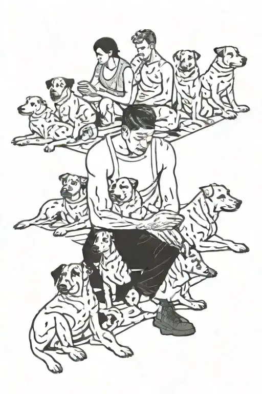 A solitary figure sitting alone in a gym surrounded by friends in the form of dogs tattoo design idea