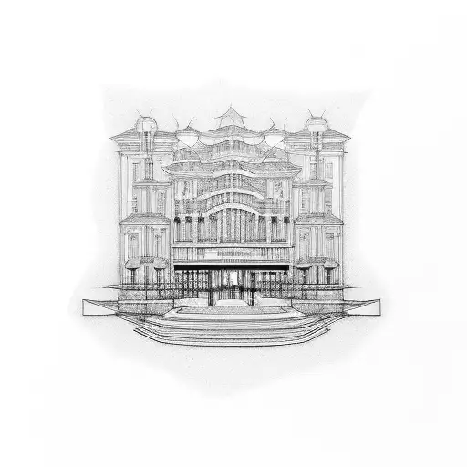 Architectural blueprint of a music venue with a grand piano in the foreground tattoo design idea