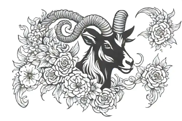 demonic goat with wings and flowers tattoo design idea