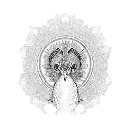A majestic peacock perched on the entrance of an ancient temple, representing the client's fascination with ancient history and their spiritual connection to Goa tattoo design idea
