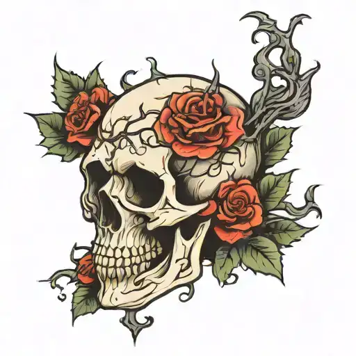 skull and roses with thorns tattoo design idea