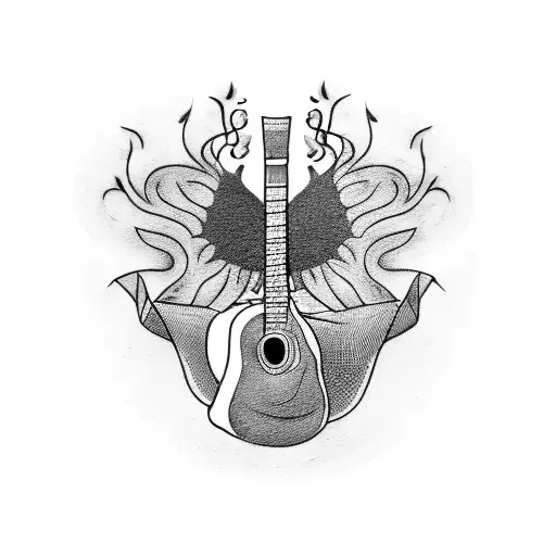 A blackwork tattoo of a guitar with lyrics Living Proof tattoo design idea