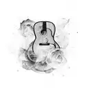 A blackwork tattoo of a guitar with lyrics Living Proof tattoo design idea