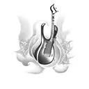 A blackwork tattoo of a guitar with lyrics Living Proof tattoo design idea