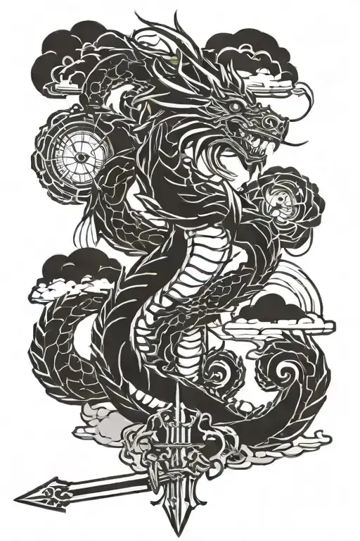 dragon and sword and clouds surrounding tattoo design idea