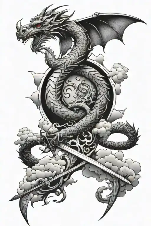 dragon and sword and clouds surrounding tattoo design idea