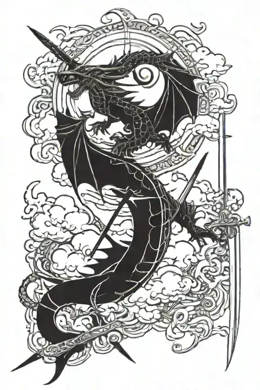 dragon and sword and clouds surrounding tattoo design idea