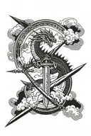 dragon and sword and clouds surrounding tattoo design idea