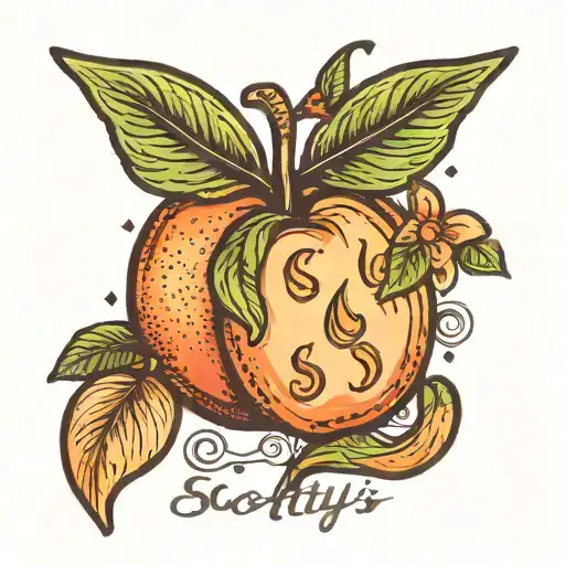 The Word "Scotty's" Over top of a peach fruit emoji tattoo design idea