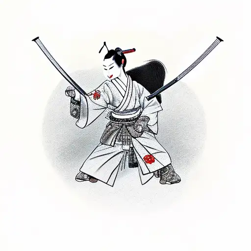 Geisha samurai holding a katana, while looking down at her reflection only to see herself as a demon. tattoo design idea