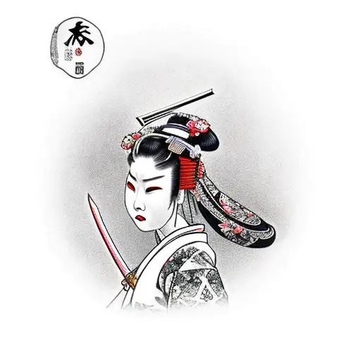 Geisha samurai holding a katana, while looking down at her reflection only to see herself as a demon. tattoo design idea