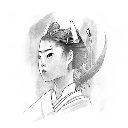 female samurai holding a katana, while looking down at her reflection only to see herself as a demon. tattoo design idea