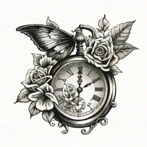 Create a tattoo featuring a pocket watch stopped at 10:02pm, with a small flower representing your daughter Esme, and the date 20-11-23 subtly incorporated into the design tattoo design idea