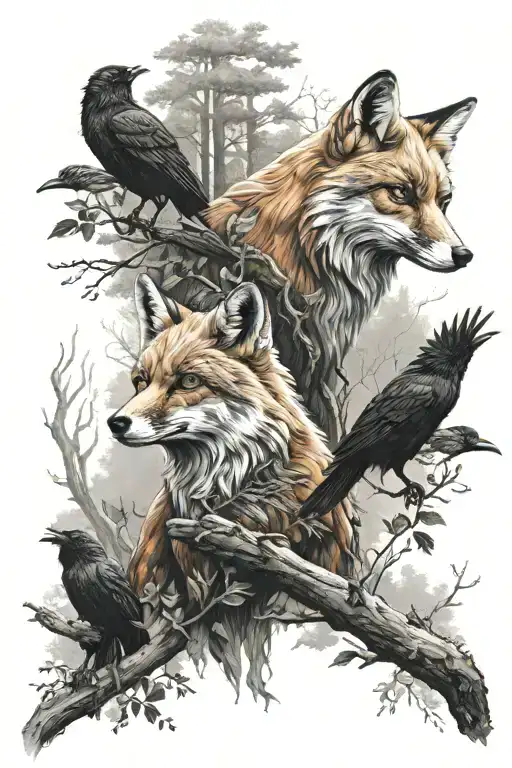 fox and raven forest tattoo design idea