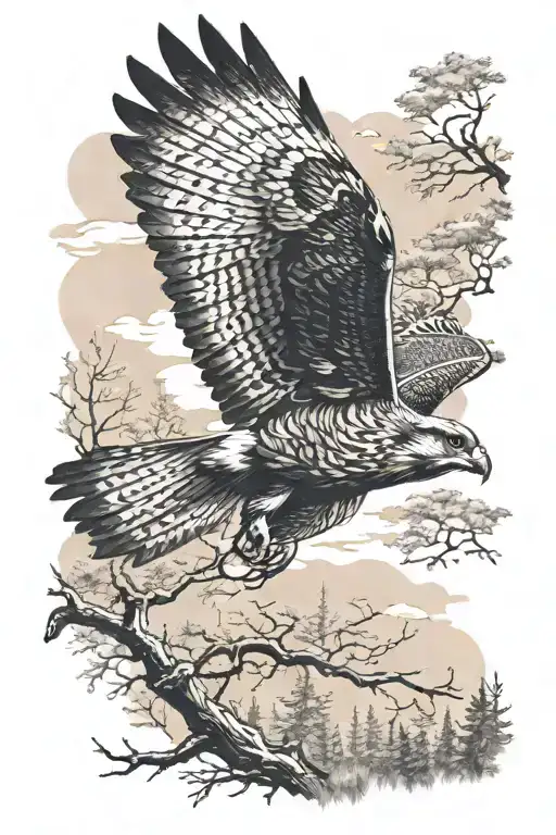 A majestic falcon soaring over a forest landscape tattoo design idea