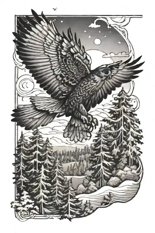 A majestic falcon soaring over a forest landscape tattoo design idea