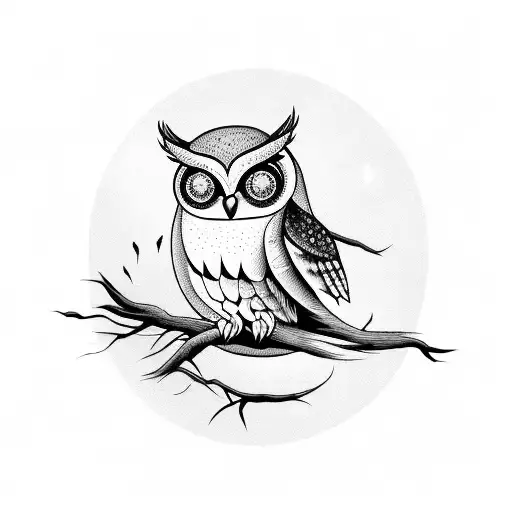 beautiful flying owl in forest with moon tattoo design idea