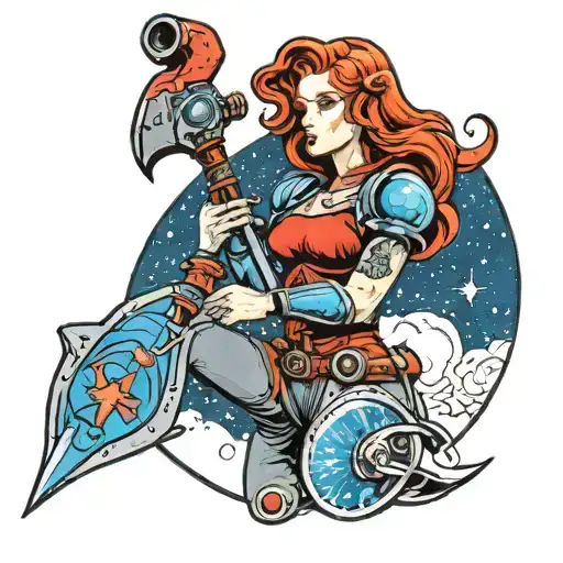 red head lady in space with carpenter hammer and blue sword  tattoo design idea