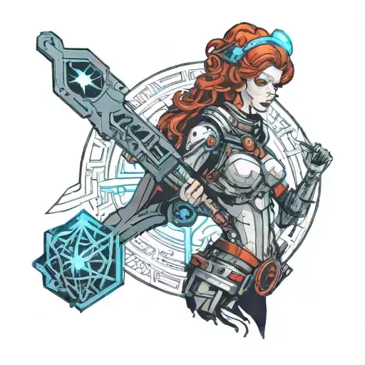 red head lady in space with carpenter hammer and blue sword  tattoo design idea