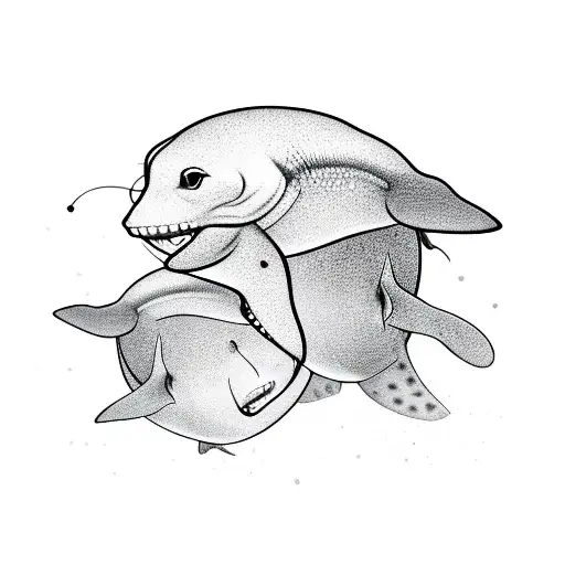 Two playful stingrays swimming around a cocktail shaker, with a silhouette of a mother and two children in the background tattoo design idea