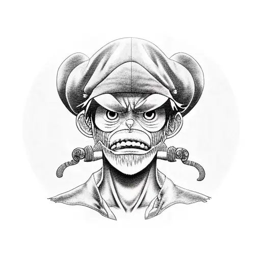 Create a realistic portrait of Monkey D. Luffy using circuit board patterns tattoo design idea