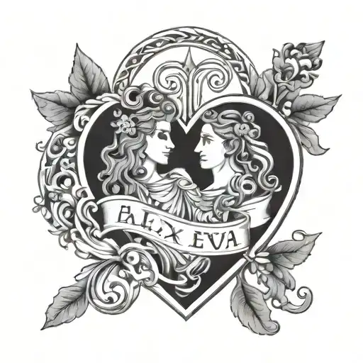 the names Alex and Eva in a heart greek style design tattoo design idea