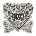 the names Alex and Eva in a heart greek style  tattoo design idea