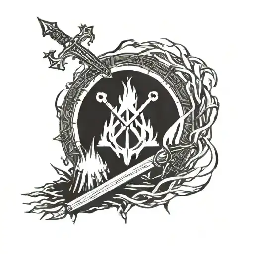 Dark souls bonfire with sword, one ring LOTR, deathly hallows symbol tattoo design idea