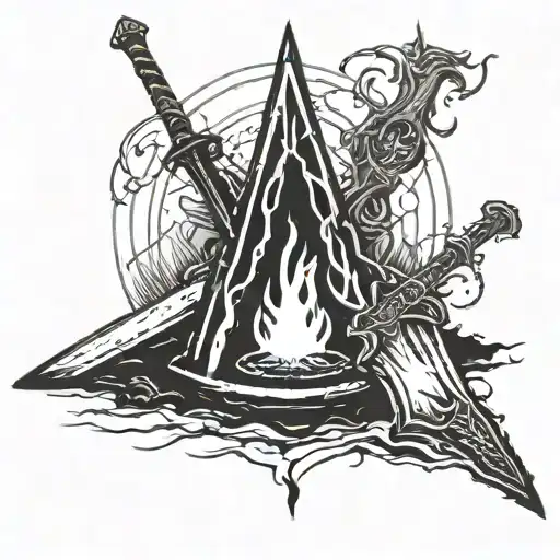 Dark souls bonfire with sword, one ring LOTR, deathly hallows symbol tattoo design idea