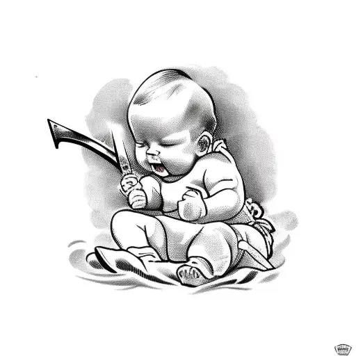 a baby with swords in his back crawls tattoo design idea