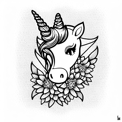 neotradiocional unicorn with flowers tattoo design idea