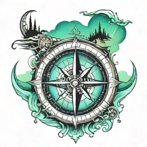 Northern lights and beach compass tattoo design idea