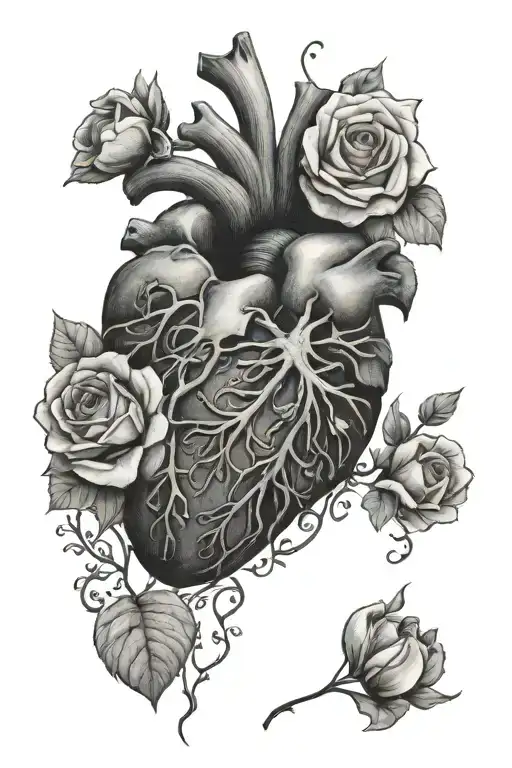 realistic heart with flowers growing inside tattoo design idea