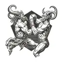 god knocking out the devil with horns and a tail in a modern  boxing match  tattoo design idea