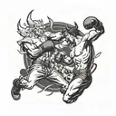 god knocking out the devil with horns and a tail in a modern  boxing match  tattoo design idea