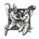 god knocking out the devil with horns and a tail in a modern  boxing match  tattoo design idea