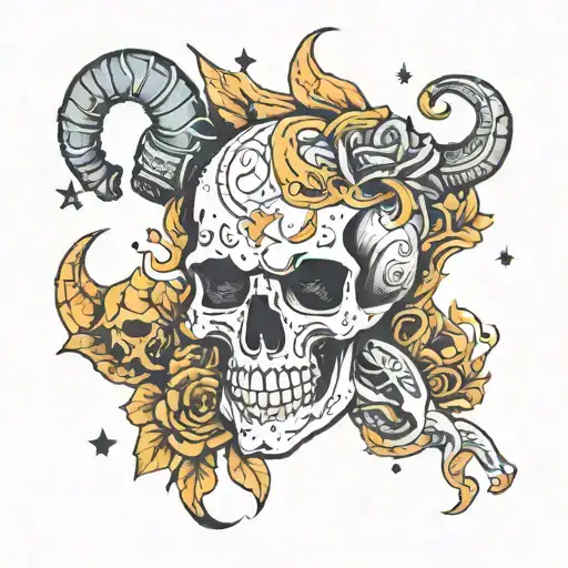 skull and capricorn and aquarius constellation merging together tattoo design idea