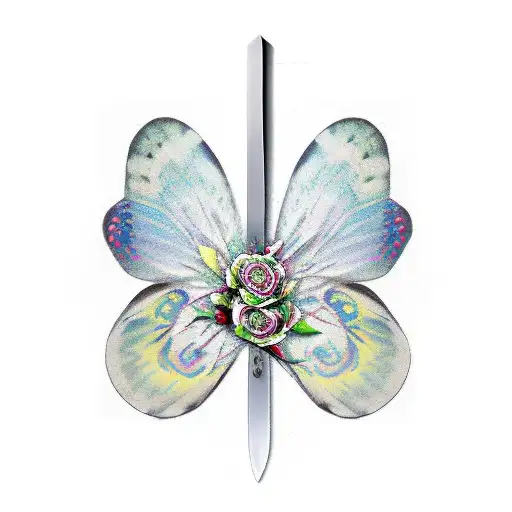 Sword roses butterflys tattoo design idea