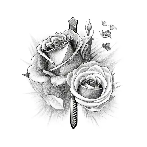 Sword with roses and butterflys tattoo design idea