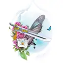 Sword with roses and butterflys tattoo design idea