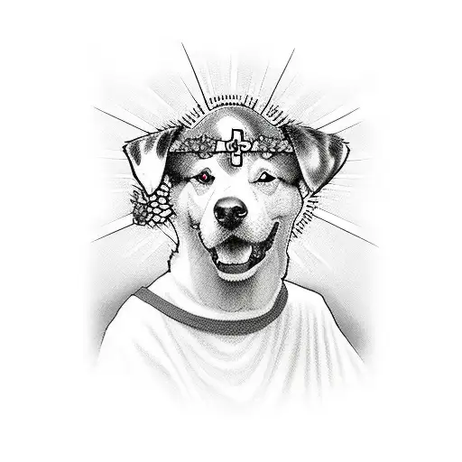 Dog passing away with flowers, Cross, Jesus and Heaven with Bible Quotes tattoo design idea